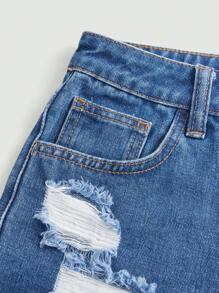 SHEIN Cô gái tuổi teen Quần short denim với các đường viền thô rách - Rửa trung bình - Xem 4