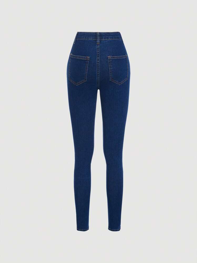 SHEIN Girlism Quần Jeans Denim Ôm Sát Trơn Cho Bé Gái Tuổi Teen, Phù Hợp Mặc Thường Ngày Mùa Hè - Rửa tối - Xem 2