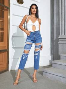 SHEIN Essnce 破洞鏤空牛仔褲 - 中等水洗藍 - 查看 4