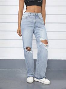SHEIN EZwear Rách Quần legging thẳng - Rửa nhẹ - Xem 5