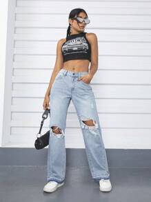 SHEIN EZwear Rách Quần legging thẳng - Rửa nhẹ - Xem 6