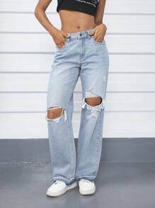 SHEIN EZwear Rách Quần legging thẳng - Rửa nhẹ - Xem 1