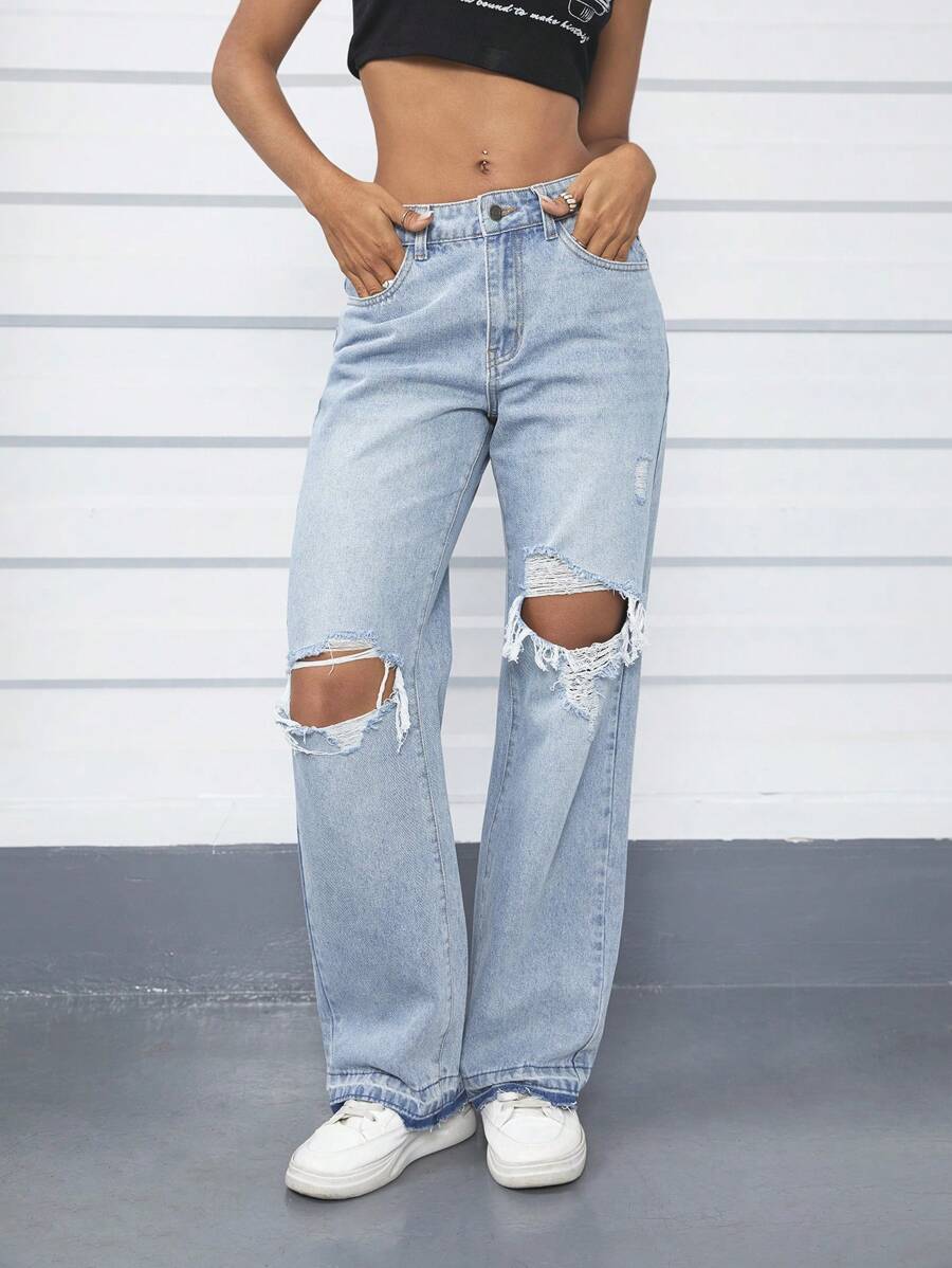 SHEIN EZwear Rách Quần legging thẳng - Rửa nhẹ - Xem 1