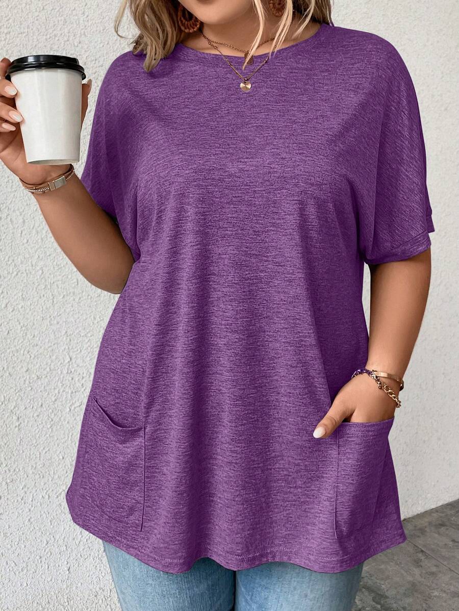 SHEIN LUNE Plus Size Women's Solid Color Round Neck Batwing Short Sleeve Dual Pocket Casual Loose T-Shirt - Violet Purple - View 1