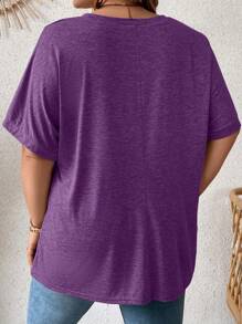 SHEIN LUNE Plus Size Women's Solid Color Round Neck Batwing Short Sleeve Dual Pocket Casual Loose T-Shirt - Violet Purple - View 2