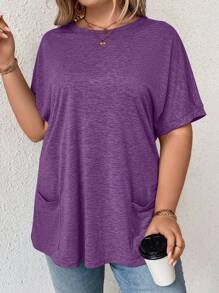 SHEIN LUNE Plus Size Women's Solid Color Round Neck Batwing Short Sleeve Dual Pocket Casual Loose T-Shirt - Violet Purple - View 4