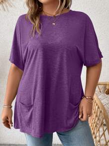 SHEIN LUNE Plus Size Women's Solid Color Round Neck Batwing Short Sleeve Dual Pocket Casual Loose T-Shirt - Violet Purple - View 5