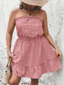 SHEIN LUNE Plus Size Solid Ruffle Hem Tube Klänning för sommarsemester - Rosa - Visa 4