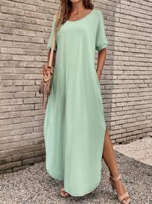 SHEIN LUNE Chất rắn Tách đùi Túi ẩn tay cánh Váy áo thun - Màu xanh Bạc hà - Xem 1