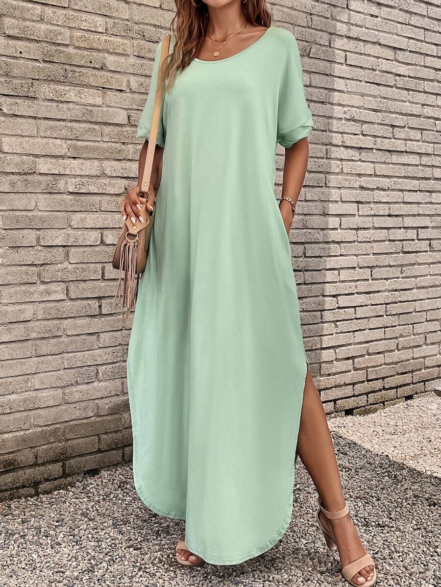 SHEIN LUNE Chất rắn Tách đùi Túi ẩn tay cánh Váy áo thun - Màu xanh Bạc hà - Xem 1