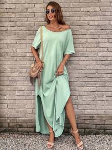 SHEIN LUNE Chất rắn Tách đùi Túi ẩn tay cánh Váy áo thun - Màu xanh Bạc hà - Xem 5