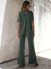 SHEIN LUNE Solid Notched Neck Tee & Wide Leg Pants - Mint Green - View 2