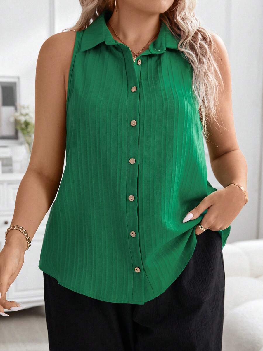 SHEIN LUNE Talla grande Camisa unicolor con botón delantero - Verde - Ver 1