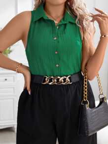 SHEIN LUNE Talla grande Camisa unicolor con botón delantero - Verde - Ver 3