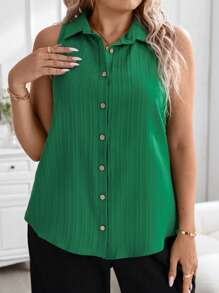 SHEIN LUNE Talla grande Camisa unicolor con botón delantero - Verde - Ver 5