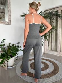撞色滾邊吊帶上衣和褲子休閒服套裝 - 灰色 - 查看 2
