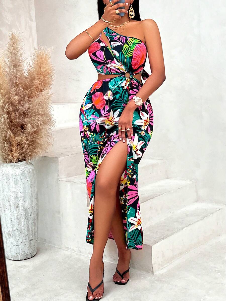 熱帶圖案單肩腰部鏤空高衩連衣裙 - 黑色 - 查看 1