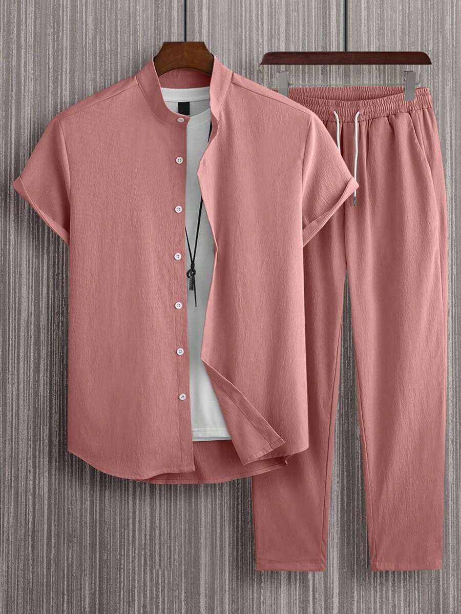 Manfinity Homme Nam Chất rắn Áo sơ mi & Eo dây rút Quần Without Tee - Gỗ đỏ - Xem 1