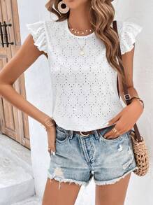 SHEIN Frenchy 網眼刺繡蝴蝶袖T恤 - 白色 - 查看 1