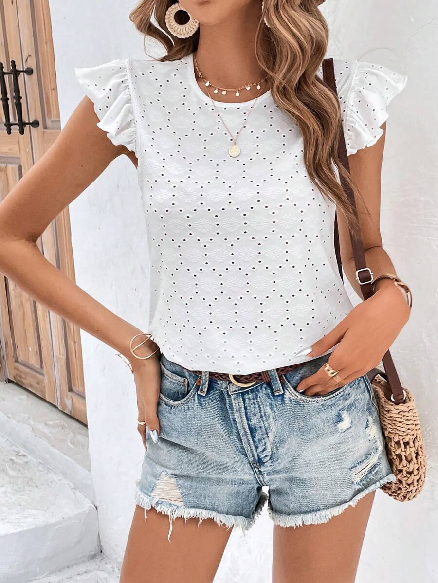 SHEIN Frenchy 網眼刺繡蝴蝶袖T恤 - 白色 - 查看 1