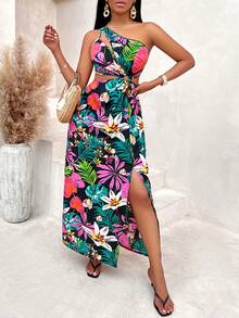 熱帶圖案單肩腰部鏤空高衩連衣裙 - 黑色 - 查看 6