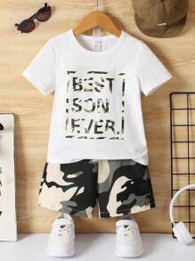 SHEIN Kleinkind Jungen T-Shirt mit Buchstabengrafik und Shorts mit Camo Print - Verschiedenfarbig - Übersicht 1