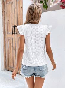 SHEIN Frenchy 網眼刺繡蝴蝶袖T恤 - 白色 - 查看 2