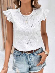 SHEIN Frenchy 網眼刺繡蝴蝶袖T恤 - 白色 - 查看 3