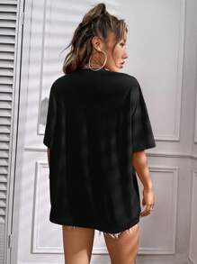SHEIN EZwear Áo thun nữ Lá thư Giải trí - màu đen - Xem 2