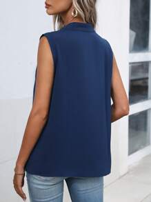 SHEIN Clasi 素色紐扣細節無袖襯衫 - 藏蓝色 - 查看 4