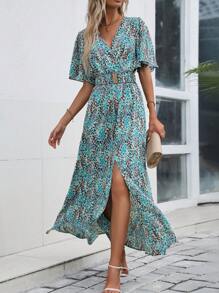 Breezaya 滿版印花蝴蝶袖高衩繫腰帶連衣裙 - 藍色 - 查看 1