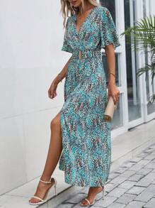 Breezaya 滿版印花蝴蝶袖高衩繫腰帶連衣裙 - 藍色 - 查看 5