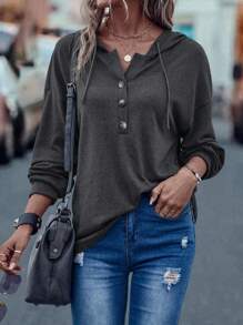 SHEIN LUNE Half Button Drop Shoulder Drawstring Hoodie - Dark Grey - View 1