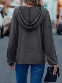 SHEIN LUNE Half Button Drop Shoulder Drawstring Hoodie - Dark Grey - View 2