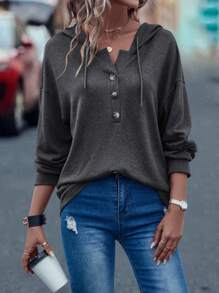SHEIN LUNE Half Button Drop Shoulder Drawstring Hoodie - Dark Grey - View 3