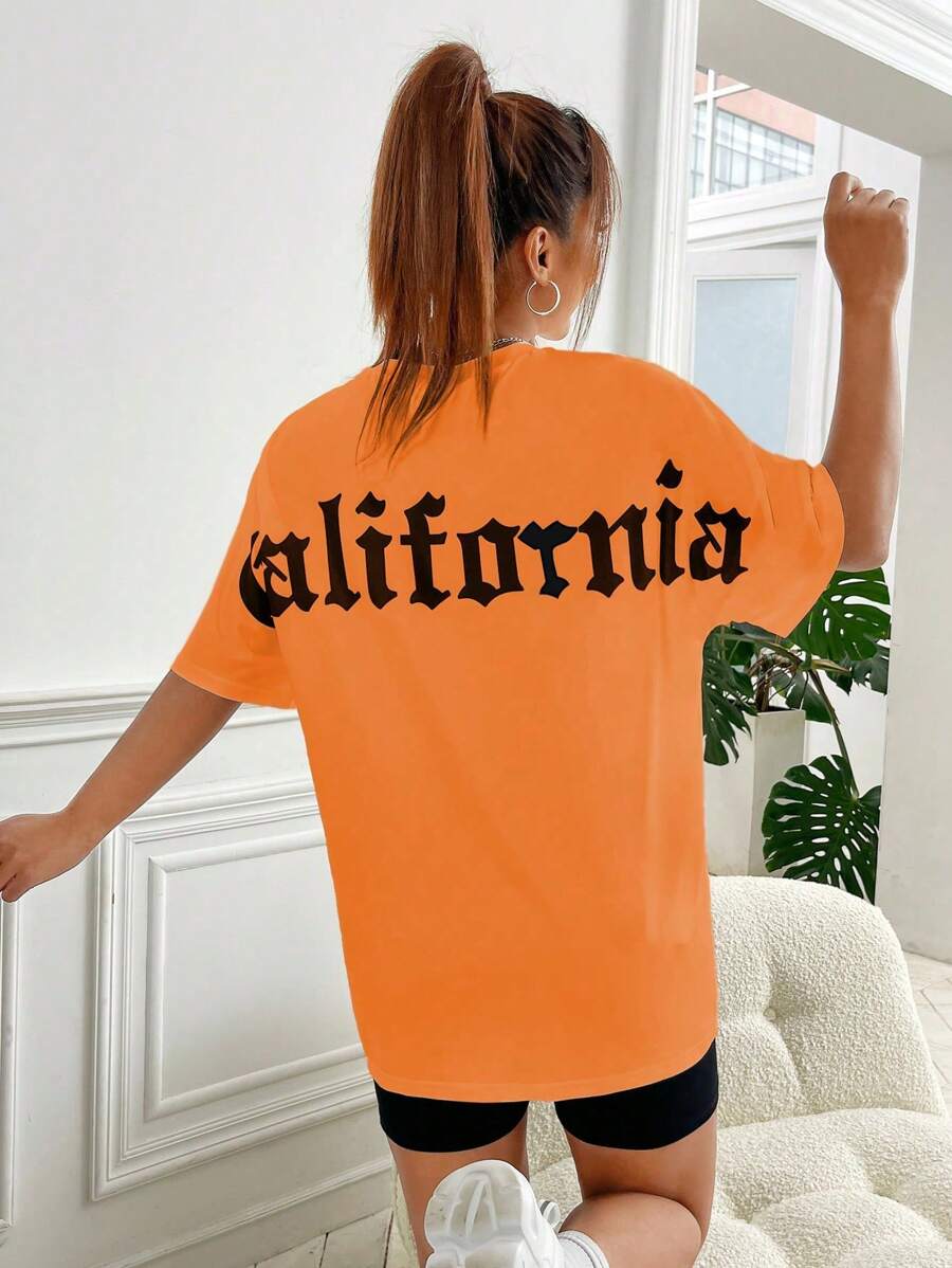 SHEIN EZwear Letter Graphic Drop Shoulder Tee - Orange - View 1