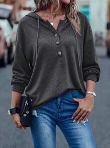 SHEIN LUNE Half Button Drop Shoulder Drawstring Hoodie - Dark Grey - View 4