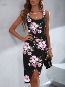 SHEIN Clasi Floral Print Wrap Hem Dress - Black - View 3