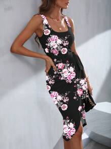 SHEIN Clasi Floral Print Wrap Hem Dress - Black - View 4