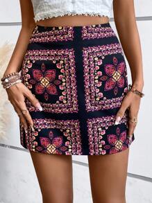 SHEIN LUNE Floral Print High Waist Skirt - Multicolor - View 1