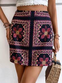 SHEIN LUNE Floral Print High Waist Skirt - Multicolor - View 3