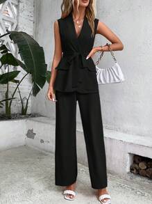 Chiquease 素色腰帶馬甲西裝外套&闊腿褲 - 黑色 - 查看 3