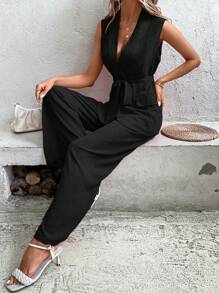 Chiquease 素色腰帶馬甲西裝外套&闊腿褲 - 黑色 - 查看 5