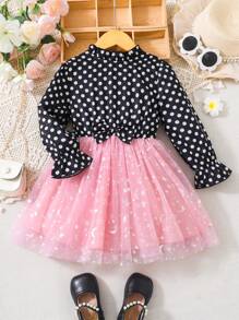 SHEIN Young Girl Polka Dot Print Bow Front Mesh Hem Dress - Multicolor - View 1