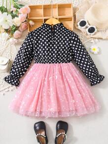 SHEIN Young Girl Polka Dot Print Bow Front Mesh Hem Dress - Multicolor - View 2