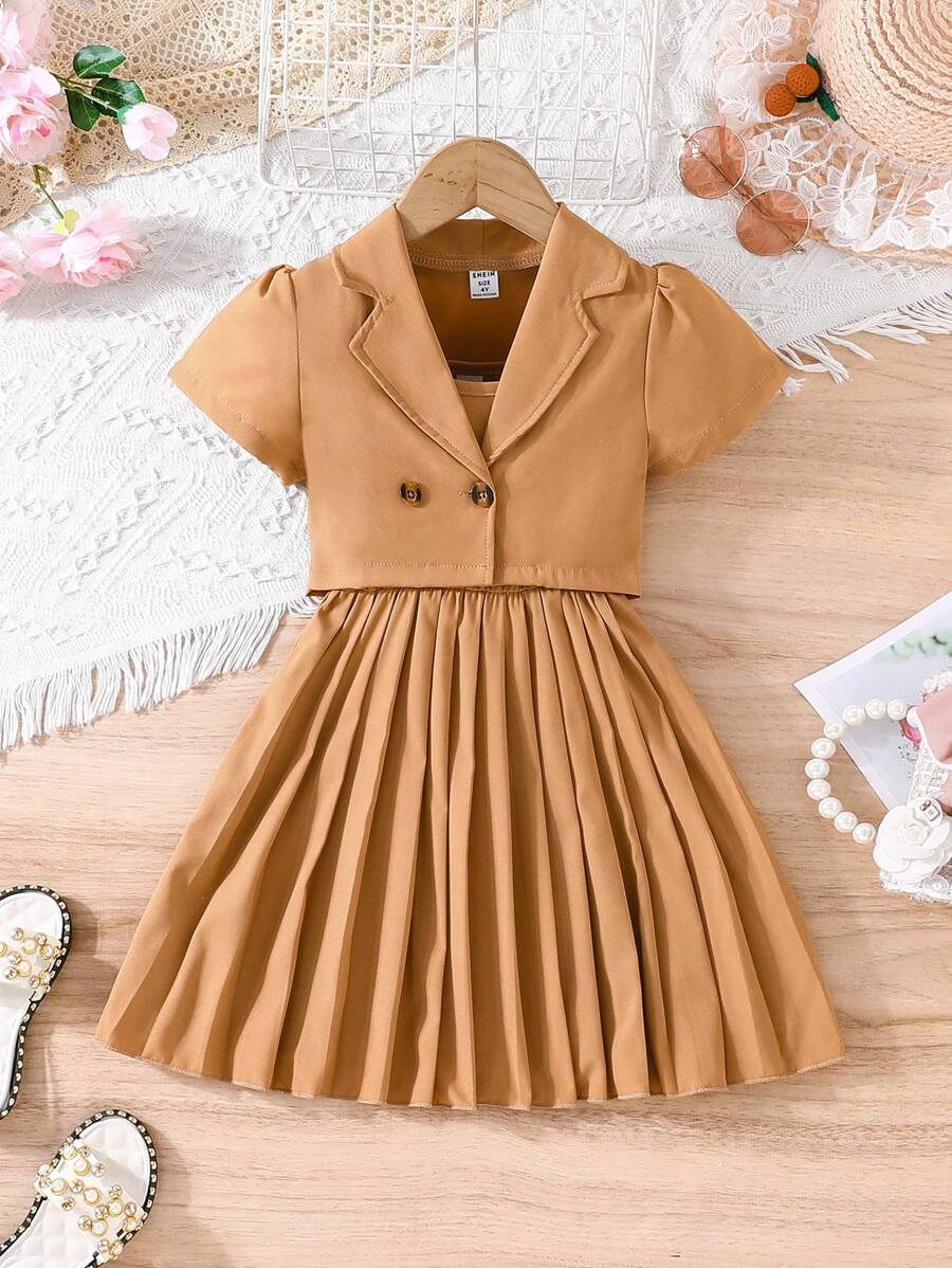 女小童雙排釦西裝外套&百褶下擺吊帶連衣裙 - 駝色 - 查看 1