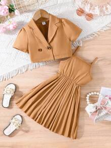 女小童雙排釦西裝外套&百褶下擺吊帶連衣裙 - 駝色 - 查看 3
