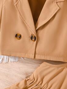 女小童雙排釦西裝外套&百褶下擺吊帶連衣裙 - 駝色 - 查看 4