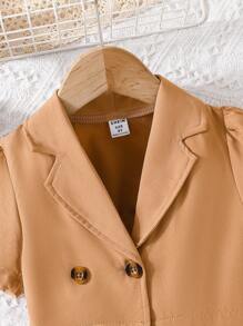 女小童雙排釦西裝外套&百褶下擺吊帶連衣裙 - 駝色 - 查看 5