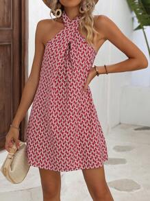 Chiquease In Toàn bộ Thánh giá Halter Neck Đầm - Đỏ và trắng - Xem 3